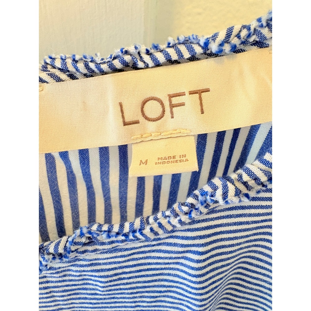 LOFT Blue White Striped Ruffle Sleeve Blouse Top Medium Keyhole Back Sleeveless - Picture 5 of 7